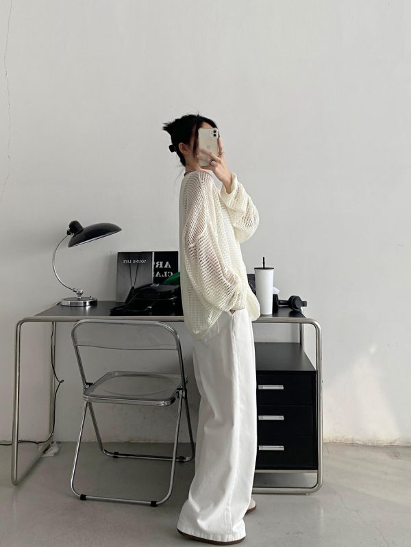 Retro Sun Grapefruit Loose-Fitting Knitted Cover-Up Sweater - Hollow-Out Summer Pullover for Sun Protection, Versatile Style