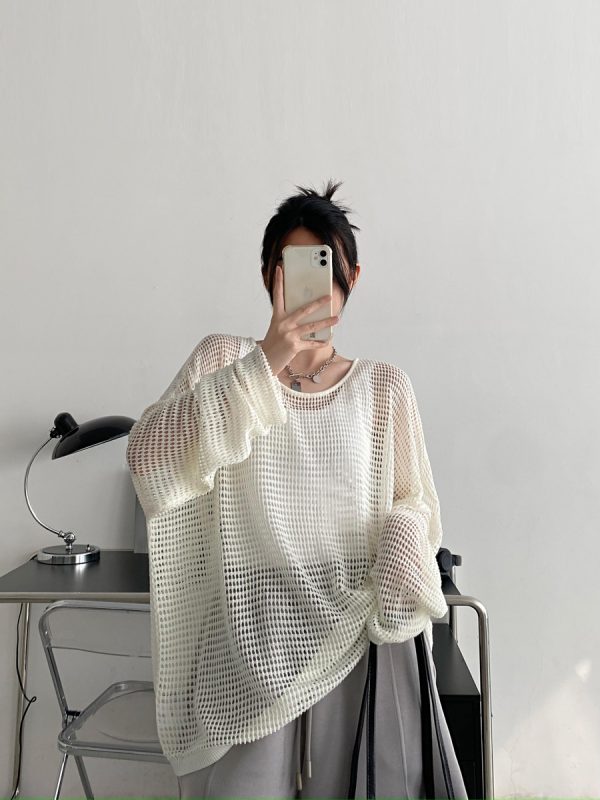 Retro Sun Grapefruit Loose-Fitting Knitted Cover-Up Sweater - Hollow-Out Summer Pullover for Sun Protection, Versatile Style