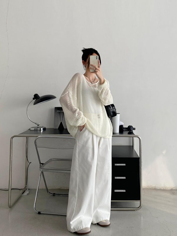 Retro Sun Grapefruit Loose-Fitting Knitted Cover-Up Sweater - Hollow-Out Summer Pullover for Sun Protection, Versatile Style