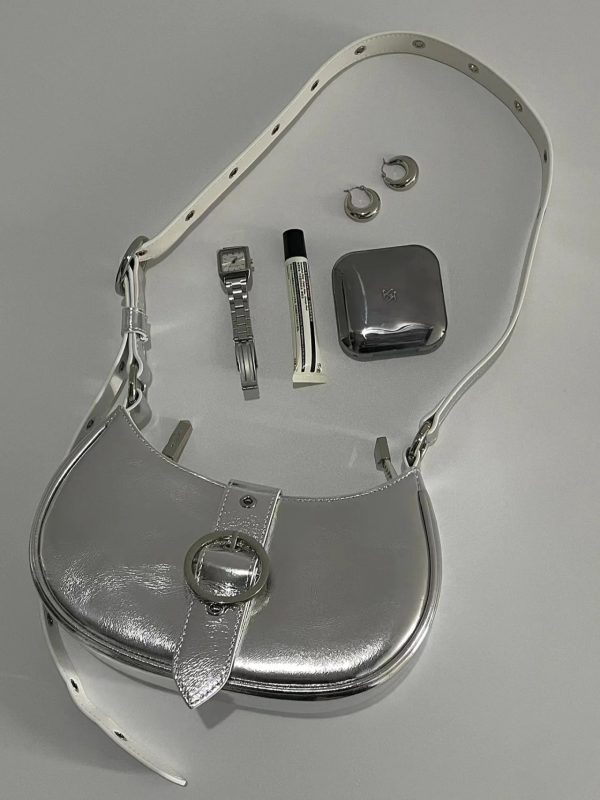 Retro Textured Silver Motorcycle Saddle Bag for Women - 2025 New Model, Fashionable Underarm Crossbody Design