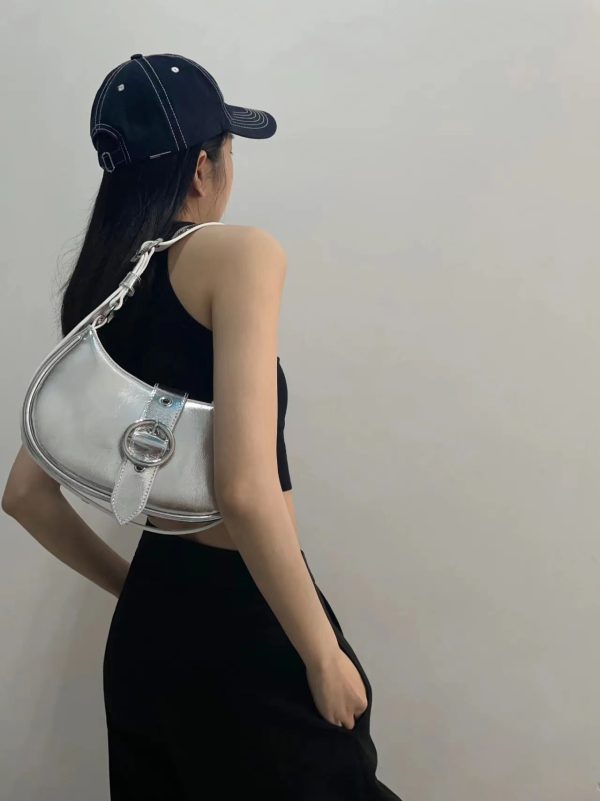 Retro Textured Silver Motorcycle Saddle Bag for Women - 2025 New Model, Fashionable Underarm Crossbody Design