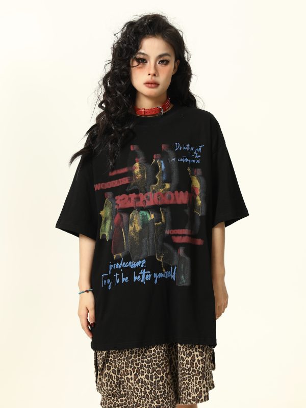 Retro Tie-Dye Letter Design Short-Sleeve T-Shirt for Men and Women - Summer Trendy American Streetwear