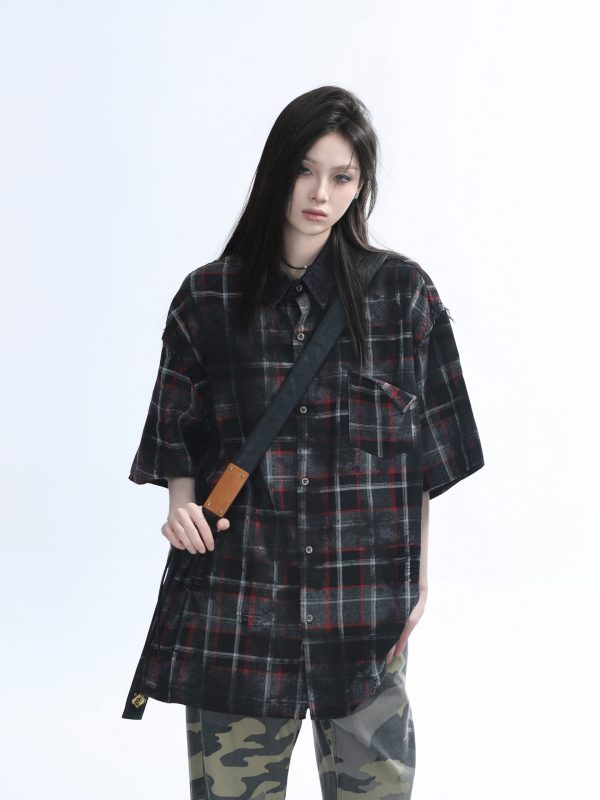 Retro Tie-Dye Plaid Short Sleeve Shirt for Women - Casual Summer Style, American High Street Trend