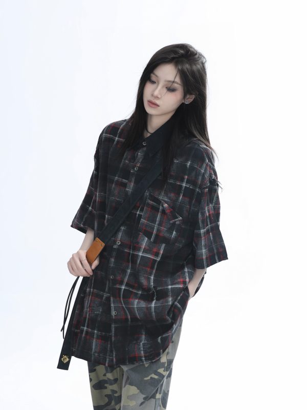 Retro Tie-Dye Plaid Short Sleeve Shirt for Women - Casual Summer Style, American High Street Trend
