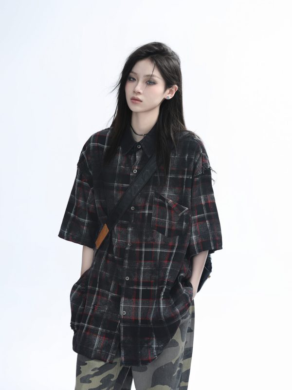 Retro Tie-Dye Plaid Short Sleeve Shirt for Women - Casual Summer Style, American High Street Trend