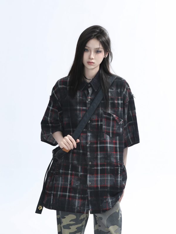 Retro Tie-Dye Plaid Short Sleeve Shirt for Women - Casual Summer Style, American High Street Trend
