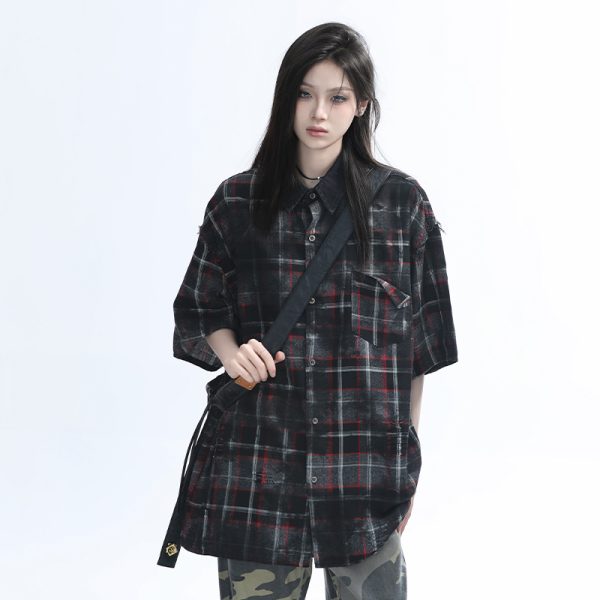 Retro Tie-Dye Plaid Short Sleeve Shirt for Women - Casual Summer Style, American High Street Trend