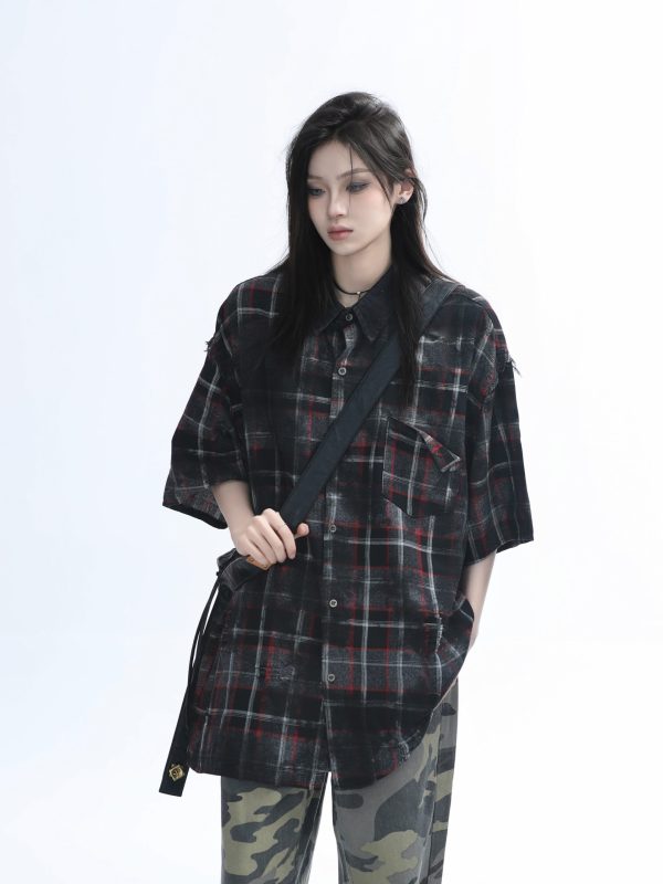 Retro Tie-Dye Plaid Short Sleeve Shirt for Women - Casual Summer Style, American High Street Trend