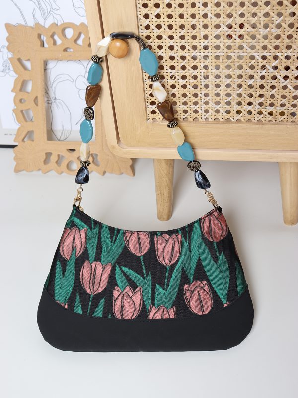 Retro Tulip Flower Underarm Bag for Women, Textured Jacquard Crossbody, Versatile Vacation Style, Niche Design