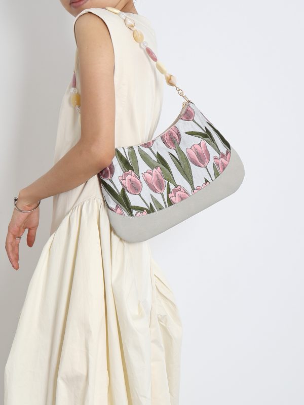 Retro Tulip Flower Underarm Bag for Women, Textured Jacquard Crossbody, Versatile Vacation Style, Niche Design