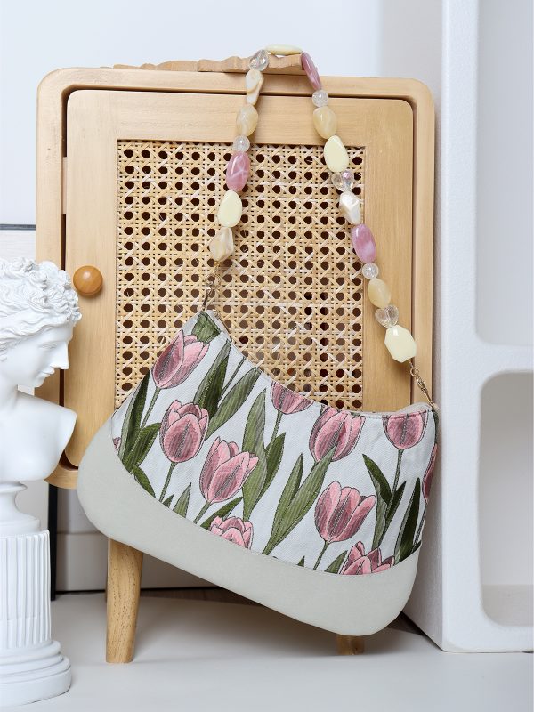 Retro Tulip Flower Underarm Bag for Women, Textured Jacquard Crossbody, Versatile Vacation Style, Niche Design