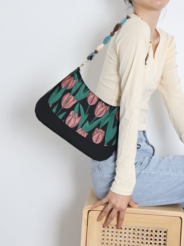 Retro Tulip Flower Underarm Bag for Women, Textured Jacquard Crossbody, Versatile Vacation Style, Niche Design