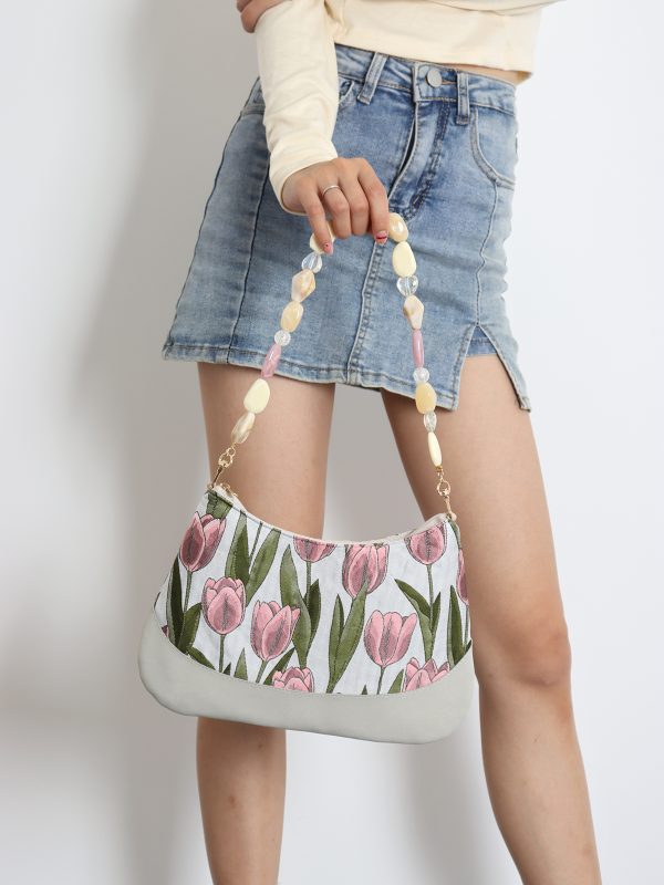 Retro Tulip Flower Underarm Bag for Women, Textured Jacquard Crossbody, Versatile Vacation Style, Niche Design