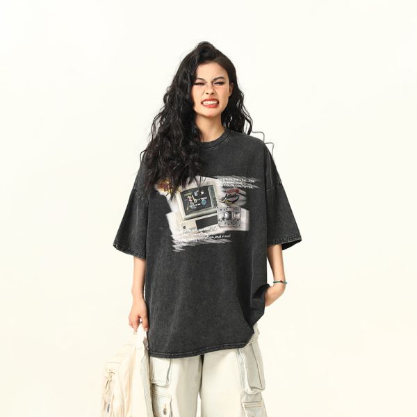 Retro TV Print Unisex Short-Sleeve T-Shirt - Vintage American Style Loose Fit Couple Tee