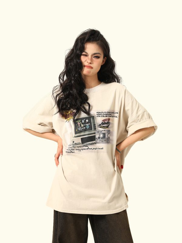 Retro TV Print Unisex Short-Sleeve T-Shirt - Vintage American Style Loose Fit Couple Tee