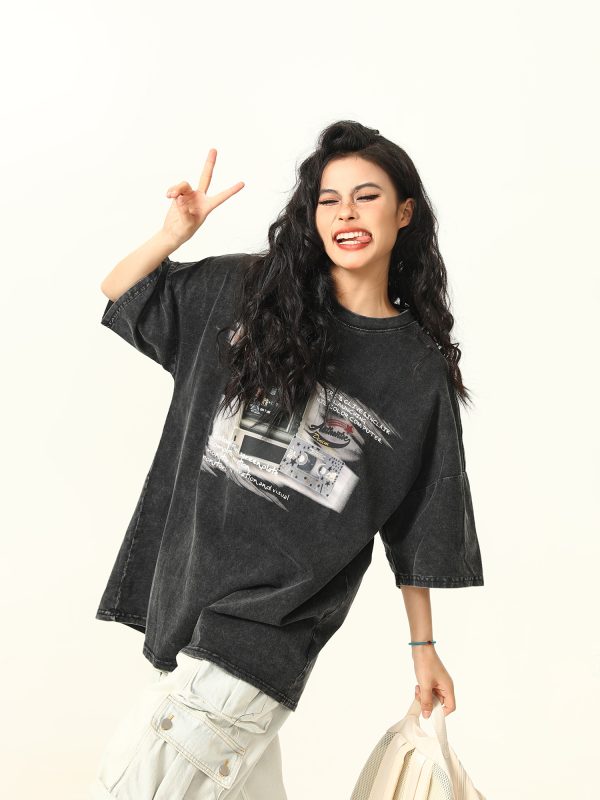 Retro TV Print Unisex Short-Sleeve T-Shirt - Vintage American Style Loose Fit Couple Tee