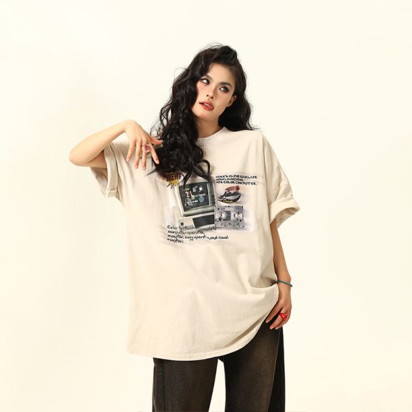 Retro TV Print Unisex Short-Sleeve T-Shirt - Vintage American Style Loose Fit Couple Tee