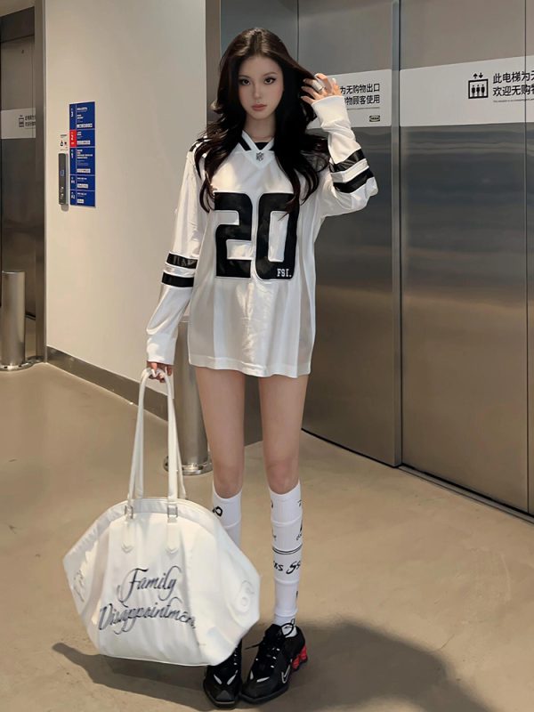 Retro V-Neck Long Sleeve T-Shirt for Women, Spring Rugby Jersey, Loose Fit Sports Top, 90s Inspired Fashion