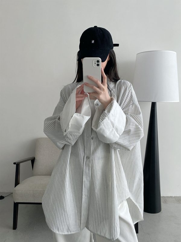 Retro Vertical Striped Big Sleeve Shirt in Sun Grapefruit Tone - Women's Spliced Long Sleeve Cotton-Linen Top