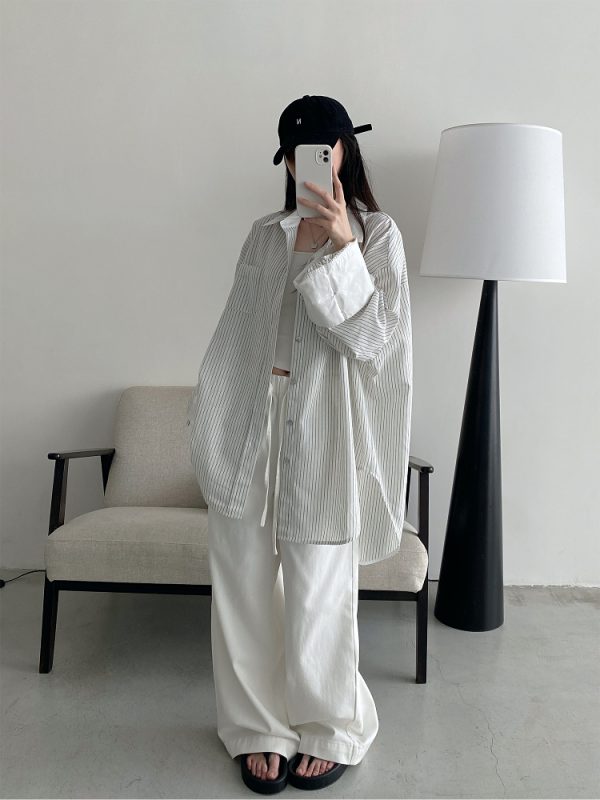 Retro Vertical Striped Big Sleeve Shirt in Sun Grapefruit Tone - Women's Spliced Long Sleeve Cotton-Linen Top