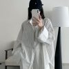 Retro Vertical Striped Big Sleeve Shirt in Sun Grapefruit Tone - Women's Spliced Long Sleeve Cotton-Linen Top
