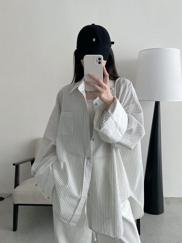 Retro Vertical Striped Big Sleeve Shirt in Sun Grapefruit Tone - Women's Spliced Long Sleeve Cotton-Linen Top