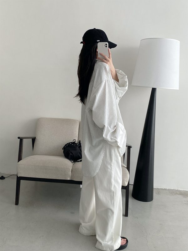 Retro Vertical Striped Big Sleeve Shirt in Sun Grapefruit Tone - Women's Spliced Long Sleeve Cotton-Linen Top