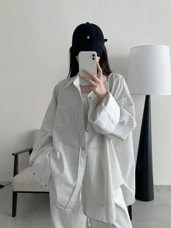 Retro Vertical Striped Big Sleeve Shirt in Sun Grapefruit Tone - Women's Spliced Long Sleeve Cotton-Linen Top