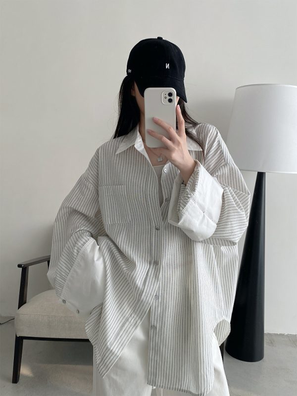 Retro Vertical Striped Big Sleeve Shirt in Sun Grapefruit Tone - Women's Spliced Long Sleeve Cotton-Linen Top
