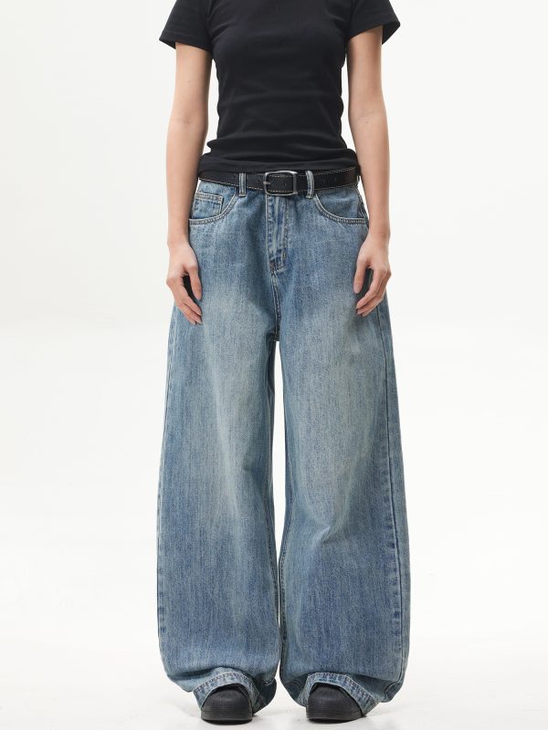 Retro Washed Blue Straight-Leg Jeans for Unisex - American Streetwear Wide-Leg Long Pants in 90s Style