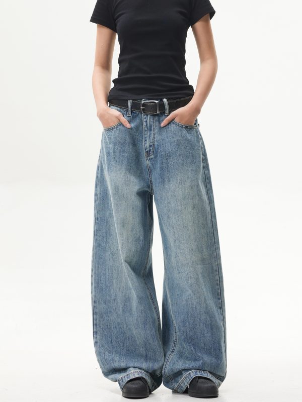 Retro Washed Blue Straight-Leg Jeans for Unisex - American Streetwear Wide-Leg Long Pants in 90s Style