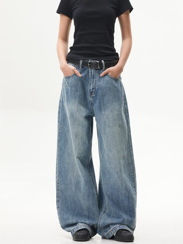 Retro Washed Blue Straight-Leg Jeans for Unisex - American Streetwear Wide-Leg Long Pants in 90s Style