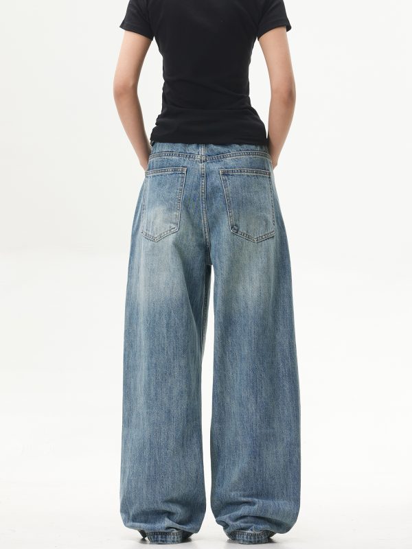 Retro Washed Blue Straight-Leg Jeans for Unisex - American Streetwear Wide-Leg Long Pants in 90s Style