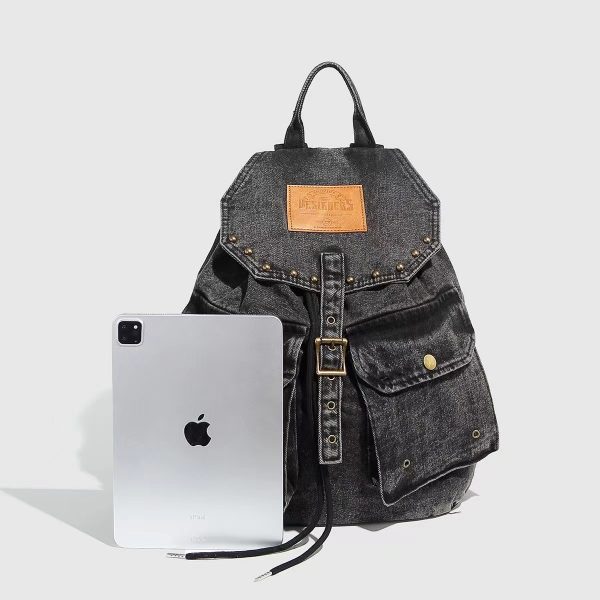 Retro Washed Denim Backpack with Double Pockets and Drawstring, Fashionable Large-Capacity Student Bag for Y2K Style