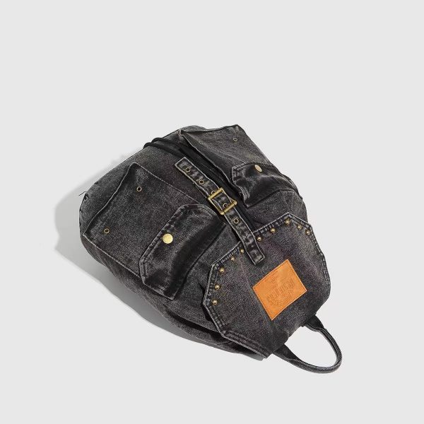 Retro Washed Denim Backpack with Double Pockets and Drawstring, Fashionable Large-Capacity Student Bag for Y2K Style