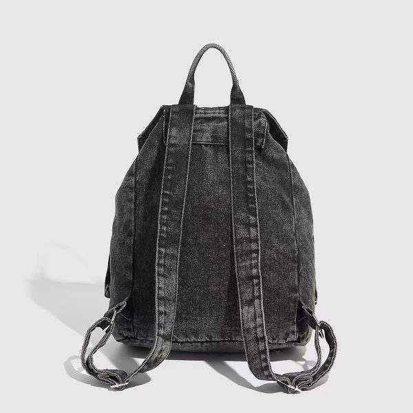Retro Washed Denim Backpack with Double Pockets and Drawstring, Fashionable Large-Capacity Student Bag for Y2K Style
