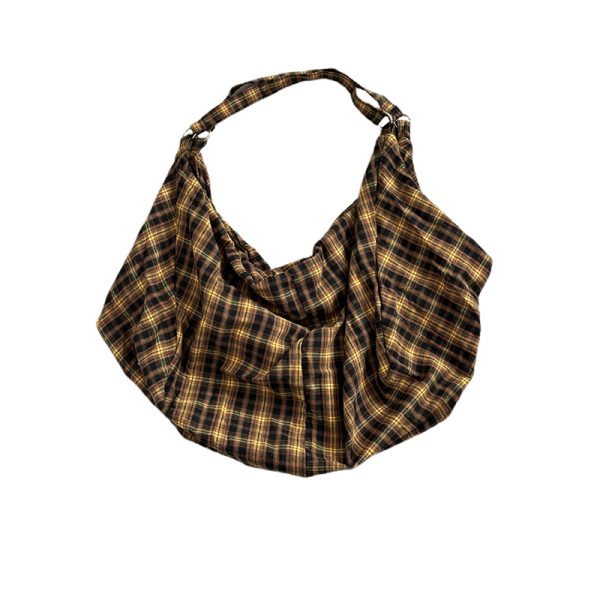 Retro Yellow Checkered Slouchy Tote Bag - Large Capacity Shoulder Crossbody Canvas Backpack in Lazy Style