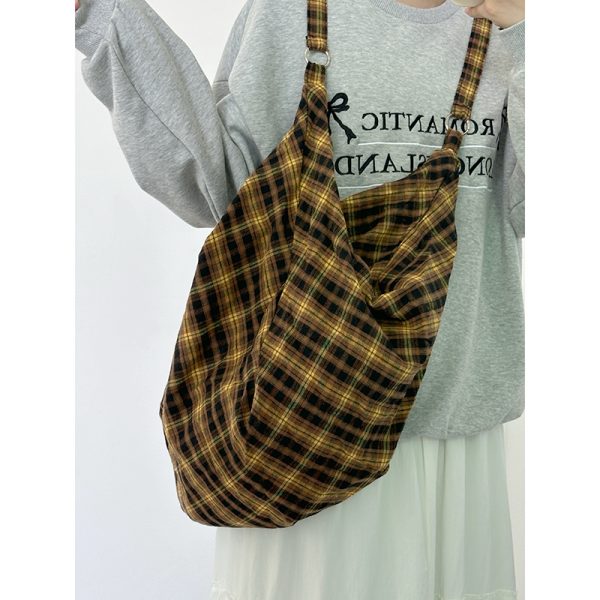 Retro Yellow Checkered Slouchy Tote Bag - Large Capacity Shoulder Crossbody Canvas Backpack in Lazy Style