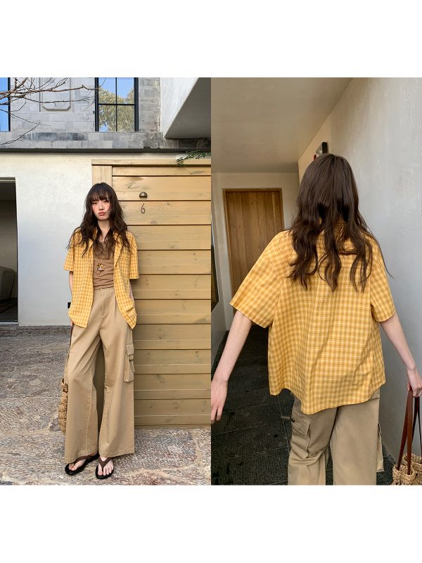 Retro Yellow Plaid Lapel Short Sleeve Shirt for Women - Summer 2025 Simple Commuting Versatile Top in 90s Style