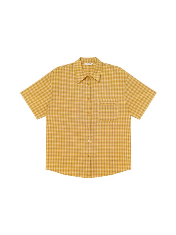 Retro Yellow Plaid Lapel Short Sleeve Shirt for Women - Summer 2025 Simple Commuting Versatile Top in 90s Style