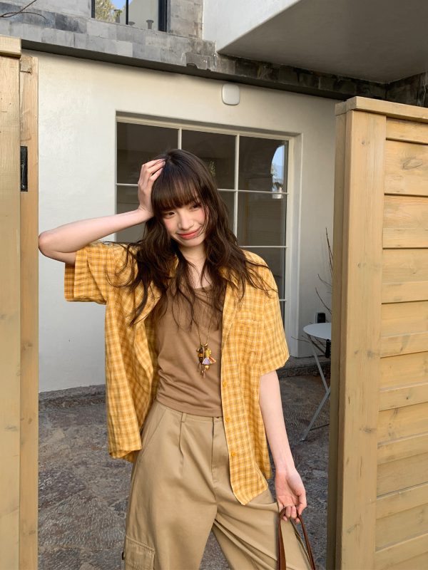 Retro Yellow Plaid Lapel Short Sleeve Shirt for Women - Summer 2025 Simple Commuting Versatile Top in 90s Style