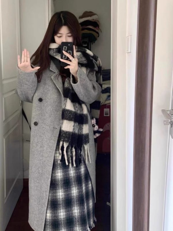 Reversible Coffee-Colored Cashmere Coat for Women - Mid-Length Korean Style Woolen Coat for Autumn/Winter 2024