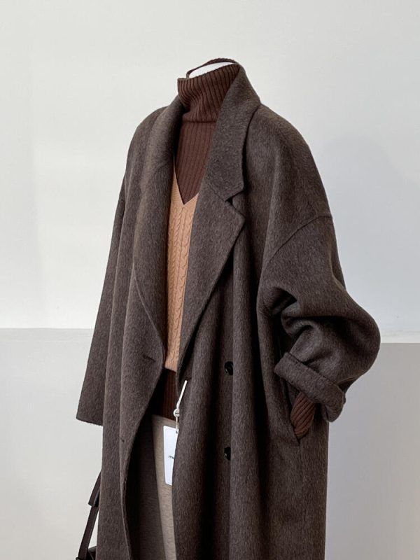 Reversible Coffee-Colored Cashmere Coat for Women - Mid-Length Korean Style Woolen Coat for Autumn/Winter 2024