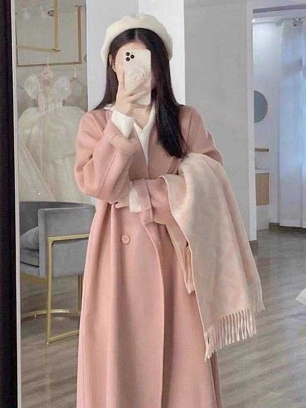 Reversible Coffee-Colored Cashmere Coat for Women - Mid-Length Korean Style Woolen Coat for Autumn/Winter 2024