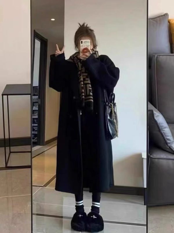 Reversible Coffee-Colored Cashmere Coat for Women - Mid-Length Korean Style Woolen Coat for Autumn/Winter 2024