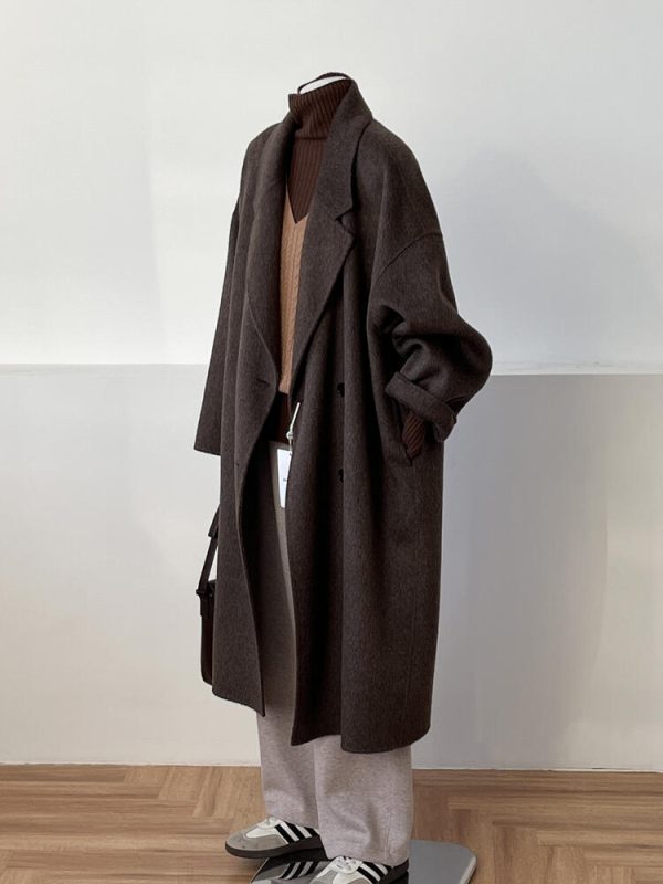 Reversible Coffee-Colored Cashmere Coat for Women - Mid-Length Korean Style Woolen Coat for Autumn/Winter 2024