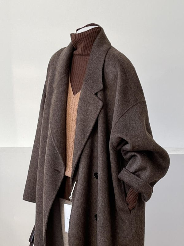Reversible Coffee-Colored Cashmere Coat for Women - Mid-Length Korean Style Woolen Coat for Autumn/Winter 2024