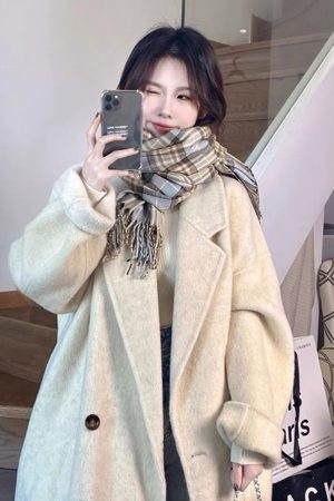 Reversible Coffee-Colored Cashmere Coat for Women - Mid-Length Korean Style Woolen Coat for Autumn/Winter 2024