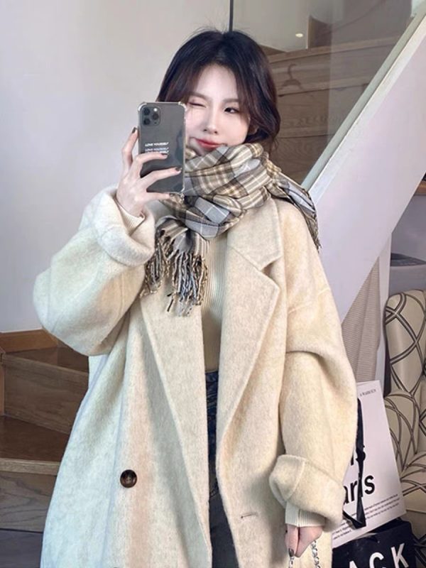 Reversible Coffee-Colored Cashmere Coat for Women - Mid-Length Korean Style Woolen Coat for Autumn/Winter 2024
