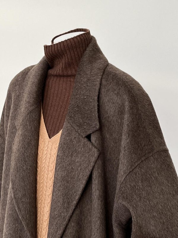 Reversible Coffee-Colored Cashmere Coat for Women - Mid-Length Korean Style Woolen Coat for Autumn/Winter 2024